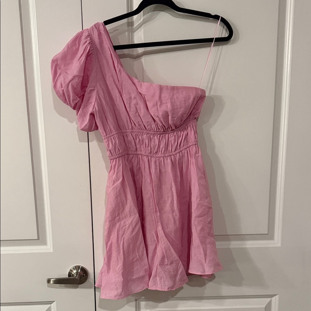American Threads Bright Pink One-Shoulder Mini Dress